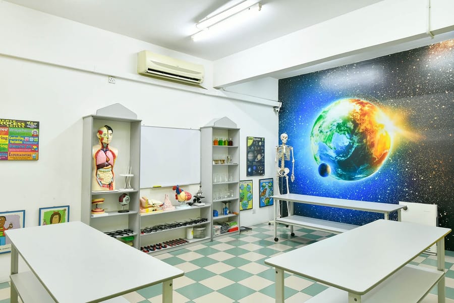 The science centre with models and a planet mural